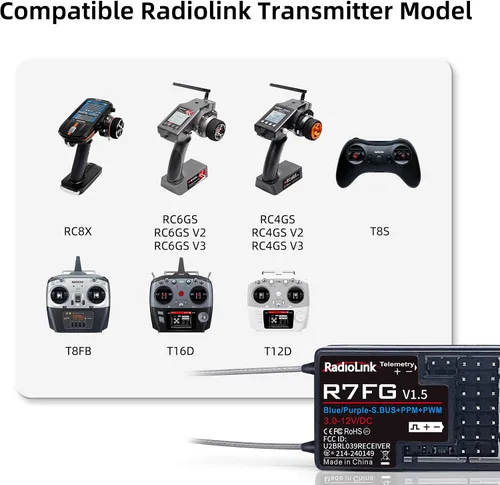 Vista 5 de Radiolink R7FG - Receptor de giroscopio de 7 canales, 2.4 GHz, telemetría integrada, control de largo alcance para RC coche, barco, transmisor