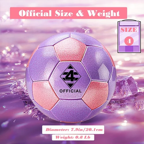 Vista 2 de Balón de fútbol rosa morado con purpurina, tamaño 3, 4, 5 con bomba y bolsa de aguja/malla, kit de pelota de fútbol de poliuretano Sofu