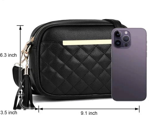 Vista 3 de I IHAYNER Bonito bolso pequeño cruzado para mujer, bolso de hombro acolchado para niñas, bolso ligero con borla