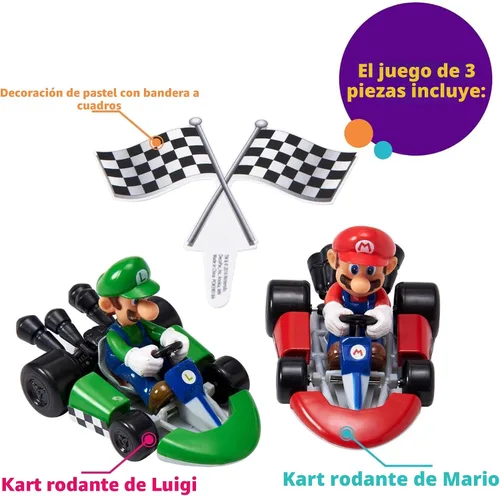 Vista 5 de DecoSet® Mario Kart™ Adorno para Pastel, Decoración de Pastel de 3 Piezas con Adornos de Kart de Carreras y Decoración de Bandera a Cuadros, Karts