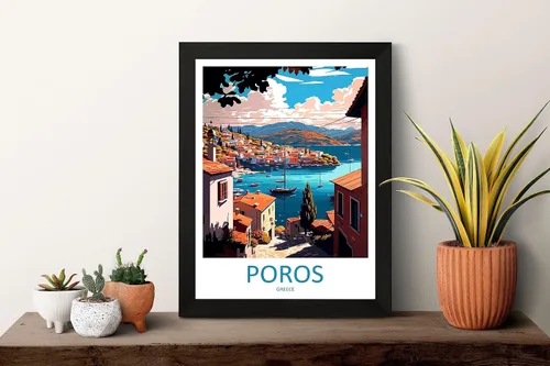 Vista 2 de Poros - Póster de viaje para colgar en la pared, arte de pared Poros Grecia, decoración del hogar, póster de Poros para amantes del arte, impresión
