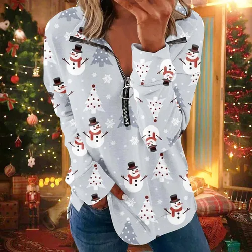 Vista 3 de Sudadera para mujer, con estampado navideño de 14, con solapa, holgada, con estampado navideño, para otoño