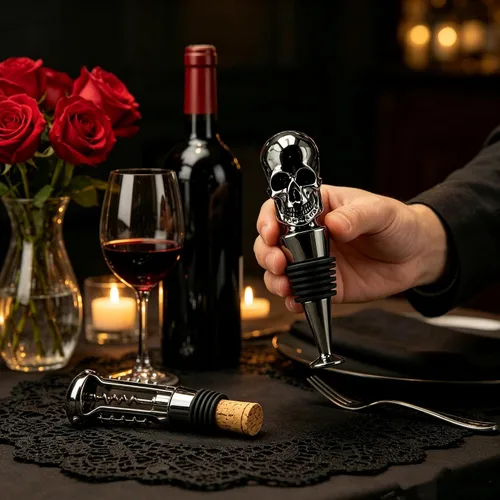 Vista 3 de Tapón de vino con calavera de Homestia, tapón de botella protector de vino, corchos de vino reutilizables para bebidas, protector de vino Negro