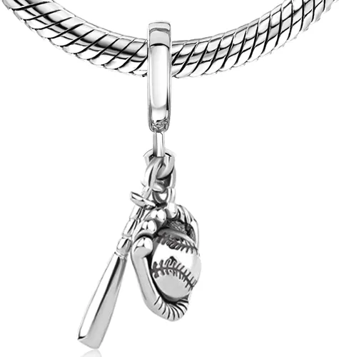 Vista 2 de BOLENVI Abalorio de plata de ley 925 con dije de béisbol para pulseras o collares similares, Plata esterlina, Sin gemas.