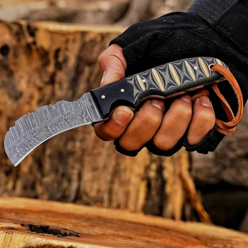 Vista 6 de Cuchillo de Hawkbill de Lineman hecho a mano de acero 1095 con funda de cuero, cuchillo de utilidad resistente para electricistas y pelado de cables