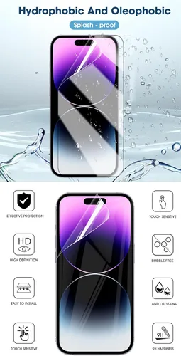 Vista 2 de Protector de pantalla frontal flexible para iPhone 15 Plus 6.7 "Película de hidrogel 3D transparente TPU sensible al tacto Desbloqueo de huellas