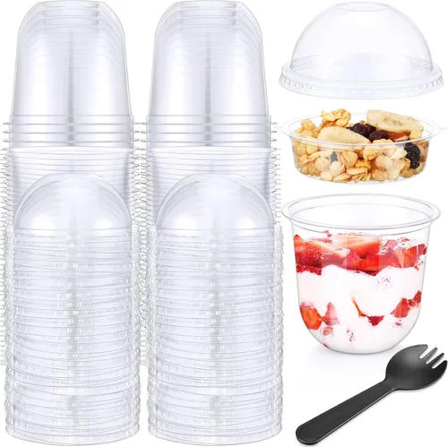 Vista 8 de 60 paquetes de tazas de postre transparentes de plástico con tapas de cúpula sin agujero, desechables, con cuchara-tenedor insertado, redondas