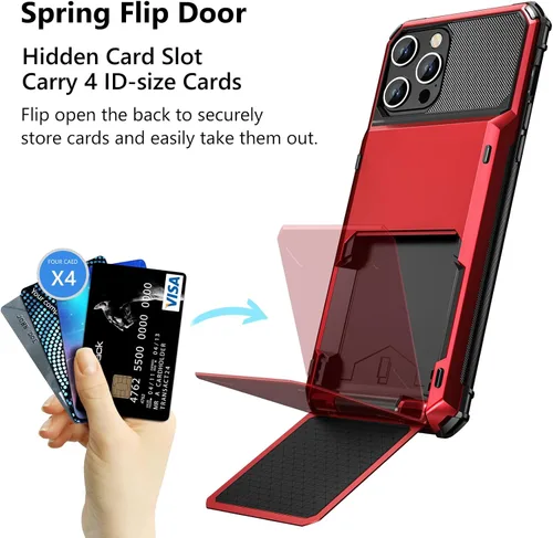 Vista 2 de Vofolen Funda para iPhone 15 Pro con tarjetero y 4 tarjetas de doble capa resistente a prueba de golpes, ranura oculta para tarjetas protectora Rojo