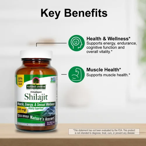 Vista 6 de Nature's Answer Cápsulas de Shilajit del Himalaya de 500 mg por porción Shilajit purificado PrimaVie con 50% de ácido fúlvico Energía, vitalidad
