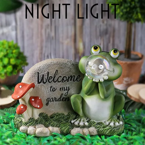 Vista 3 de Decoración de estatua de resina de jardín con luz solar, jardín patio trasero Welcome to My Garden Escultura de rana de resina con energía solar LED