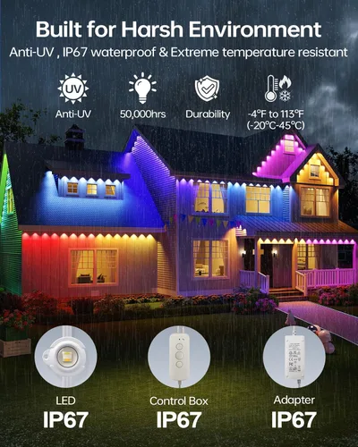 Vista 8 de ASAHOM AI - Luces permanentes para exteriores S107B, 100 pies con 72 luces LED RGBCW, 30,000 efectos de iluminación, controlador con doble salida