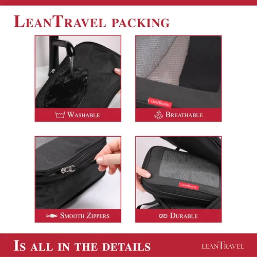 Vista 4 de LeanTravel Juego de 6 cubos de compresión para viajes, color negro, doble cremallera