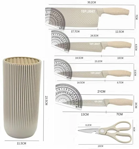 Vista 7 de Juego de cuchillos de cocina de acero inoxidable con revestimiento de madera de 6 piezas con bloque (beige) Wood Grain Handle,Non-Stick,Sharp