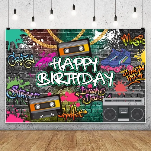 Vista 4 de AOFOTO Telón de fondo de feliz cumpleaños de los años 80 y 90, de 5 x 3 pies, tema de regreso a los 80, 90, hip-hop, rock, fondo de cumpleaños