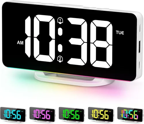 Vista 8 de Reloj despertador digital para dormitorio, superficie de espejo LED de 6.7 pulgadas con 2 puertos de carga USB, brillo ajustable, alarma doble