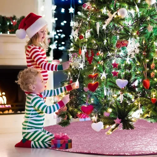 Vista 4 de Falda de Árbol de Navidad Rosa, Falda de Árbol de Lentejuelas Brillantes Rosa de 36 Pulgadas, Alfombrillas de Árbol de Navidad de Purpurina
