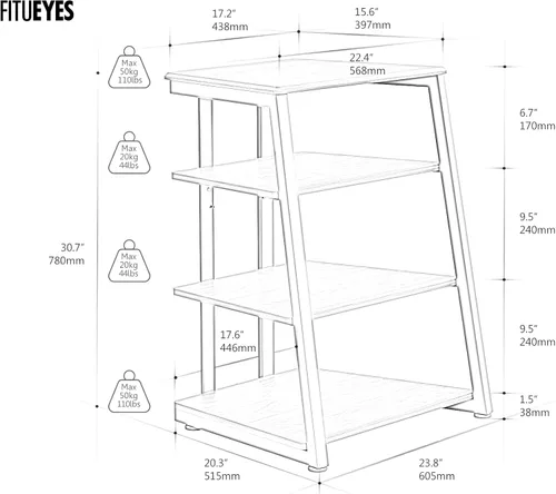 Vista 3 de FITUEYES Diseño de 4 niveles, estante de esquina para reproductor de discos, gabinete de madera para equipo de audio, torre de estantes con altura