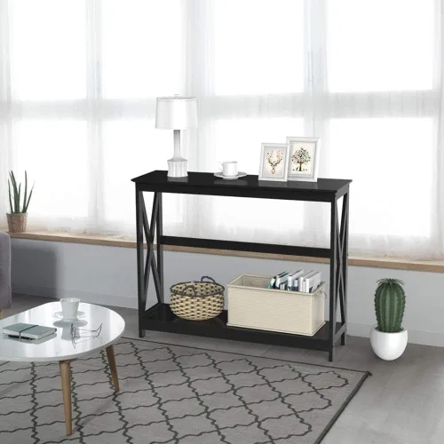 Vista 6 de Yaheetech Mesa de consola grande con diseño de 2 niveles X con estante de almacenamiento, muebles de entrada para sala de estar, color negro
