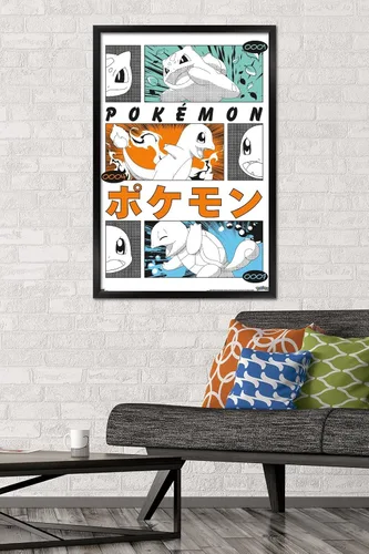 Vista 2 de Trends International Pokémon - Póster de pared de anime Trio, 34 pulgadas de largo x 22.4 pulgadas, versión enmarcada en negro Versión con marco