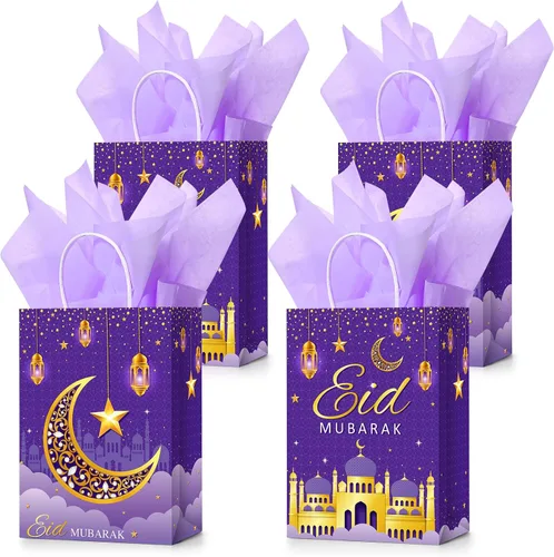 Vista 9 de Censen 16 juegos de bolsas de regalo de Eid Mubarak con papel de seda, bolsas de golosinas de Ramadán para suministros de fiesta de Ramadán (negro)