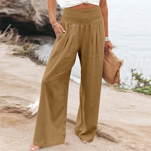 Vista 5 de Cotton Linen Pants Women's Casual Wide Leg Palazzo Pants, Casual High Waisted Palazzo Pants with Pockets