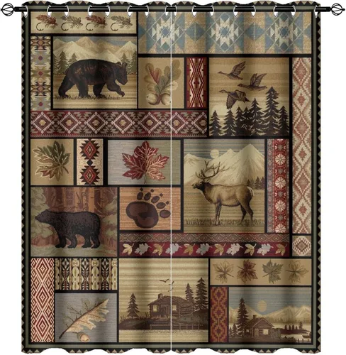 Vista 51 de Cortinas de oscurecimiento estilo campestre con osos, alces y ciervos, cortinas opacas para ventanas con ojales, tratamiento de ventanas eficiente