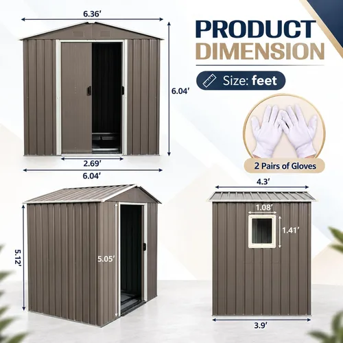 Vista 7 de Cobertizo de almacenamiento para exteriores de 6.23 x 4.3 pies con base de metal, puertas correderas y ventanas, protección solar, cobertizo de Gris
