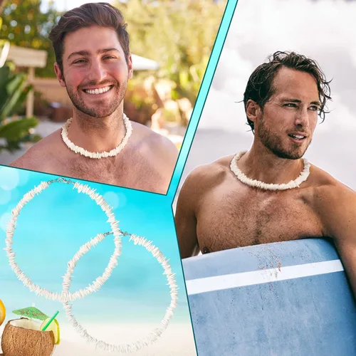 Vista 3 de Funtery 6 piezas de collar de concha de puka blanca, collar hawaiano de conchas marinas, collares de playa, collar de surfista con 6 cadenas
