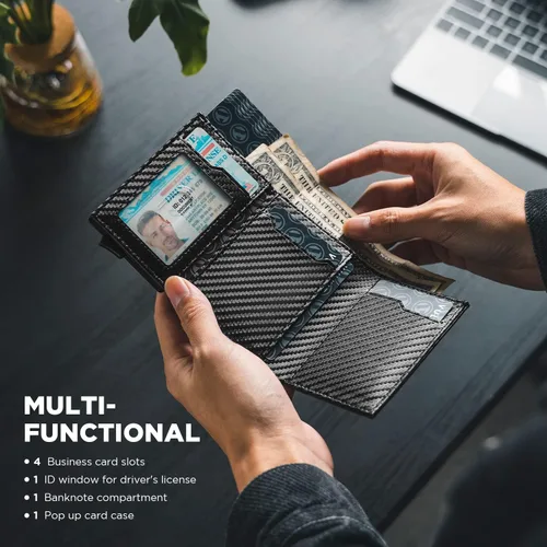 Vista 6 de VULKIT Tarjetero de crédito con compartimento para billetes de banco, bloqueo RFID, cartera de cuero desplegable con ventana de identificación