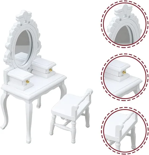 Vista 7 de LUOZZY 2 piezas de accesorios de muebles en miniatura escala 1:12 Mini tocador y taburete modelo conjunto de decoración de casa de muñecas - blanco