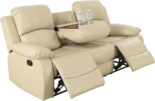 Vista 6 de Sofá reclinable manual moderno, sofá reclinable de cuero de 3 plazas, sofá reclinable de sala de estar, sofá con portavasos y mesa abatible
