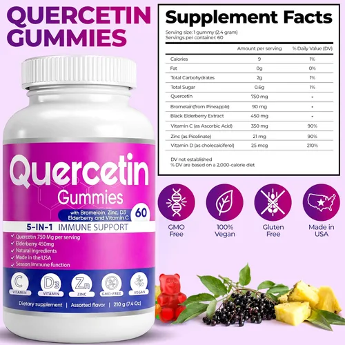 Vista 2 de BioVitalica - Gomitas de quercetina con bromelina, vitamina C y zinc y saúco + vitamina D3-5 en 1 apoyo inmunológico - Quercetina de zinc 750 mg