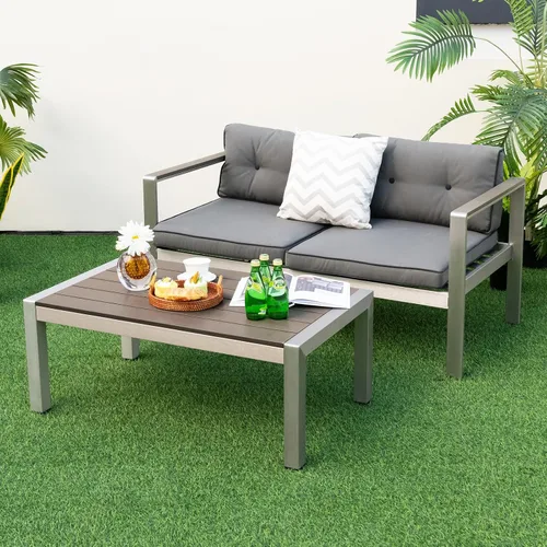Vista 2 de Tangkula Mesa de centro de aluminio para exteriores, moderna mesa de cóctel rectangular con mesa de madera de plástico y marco de aluminio