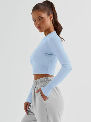 Vista 5 de Trendy Queen Camisetas cortas de manga larga para mujer, básicas, acanaladas, ajustadas, informales, de otoño, a la moda, Y2K, ropa
