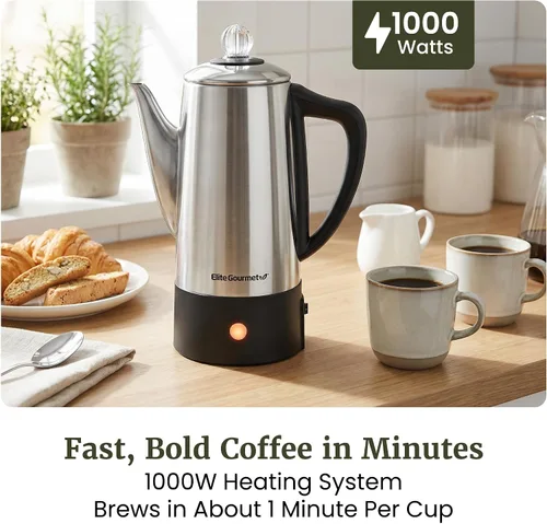 Vista 2 de Elite Gourmet EC140 Cafetera eléctrica de 6 tazas con función de mantener caliente, perilla de progreso de preparación transparente, mango de tacto