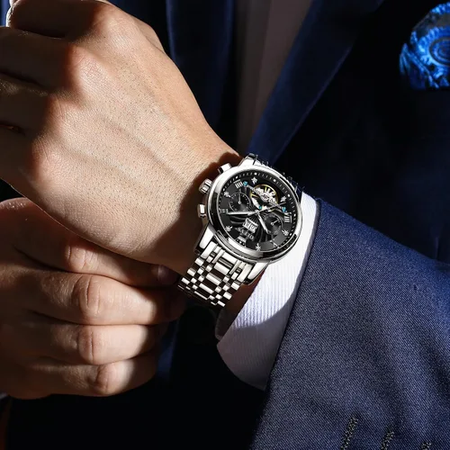Vista 8 de OLEVS Relojes automáticos para hombre, reloj mecánico de lujo con cuerda automática, Tourbillon, reloj de esqueleto, reloj de negocios con diamantes