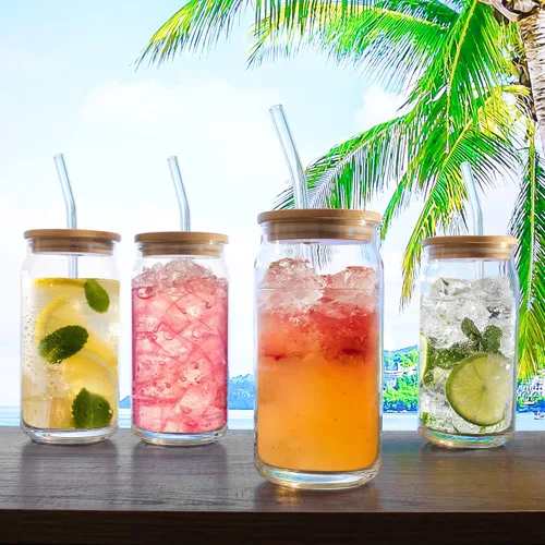Vista 4 de Vasos para beber con tapas de bambú, popotes reutilizables, cepillo de limpieza, para café caliente y helado, té, vino, cóctel, cerveza