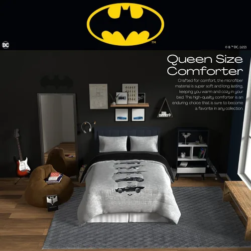 Vista 3 de Franco Collectibles Edredón reversible y súper suave de Batman de DC Comics, ropa de cama clásica de microfibra, tamaño reina