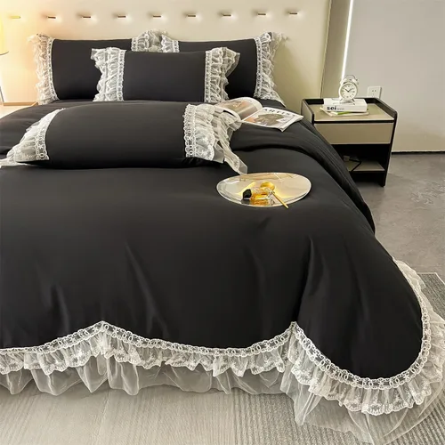 Vista 6 de MOOWOO Chic - Juego de funda de edredón de poliéster y encaje con volantes, ropa de cama negra para niña, funda de edredón de 2 piezas con cierre