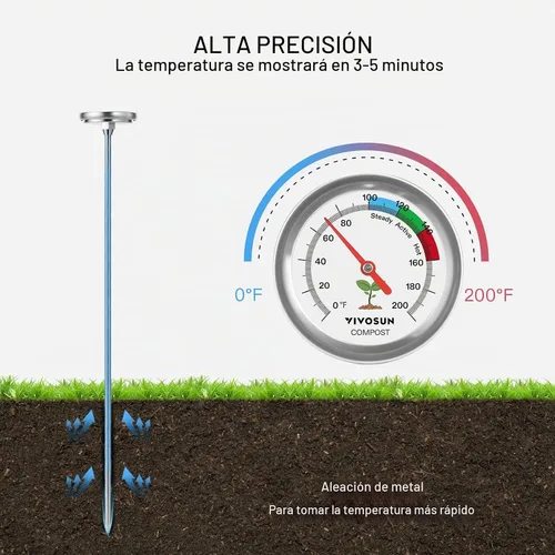 Vista 5 de VIVOSUN Termómetro de compost, termómetro de suelo de patio trasero de 20 pulgadas con esfera de acero inoxidable para contenedores de compostaje