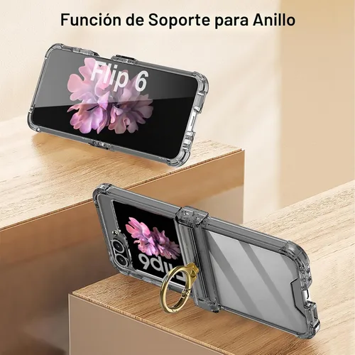 Vista 7 de Funda transparente para Samsung Galaxy Z Flip 6, protección de bisagra de lujo con soporte de anillo y protector de pantalla, funda suave todo Negro