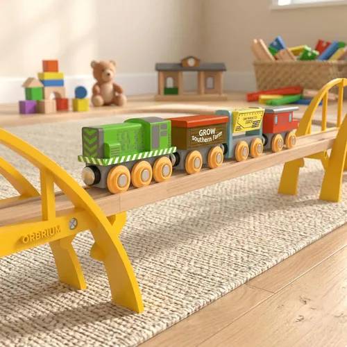 Vista 4 de ORBRIUM Puente de arco de doble tramo súper largo de casi 5 pies de largo para vías de tren de madera de ferrocarril de madera, compatible