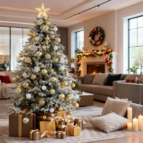 Vista 8 de HipTree Árbol de Navidad artificial de 1.8 m con nieve flocada y 200 luces LED de doble color, árbol de Navidad blanco iluminado para decoración