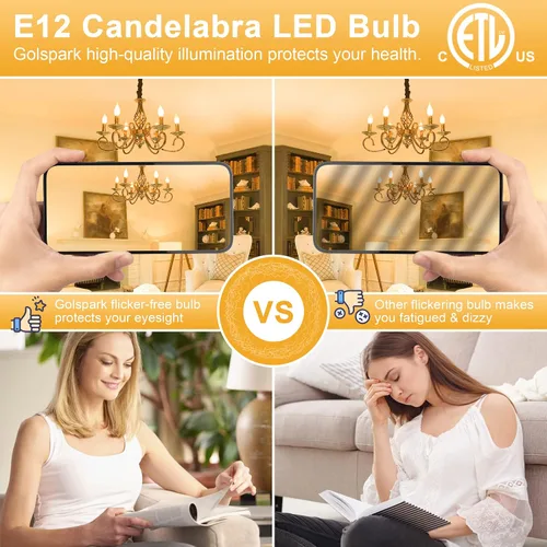 Vista 6 de GOLSPARK E12 Chandelier LED Light Bulbs 60W Equivalent 2700K Warm White Type B, B11 550LM, 120V, CRI85+, Dimmable, Vintage Filament Flame Tip