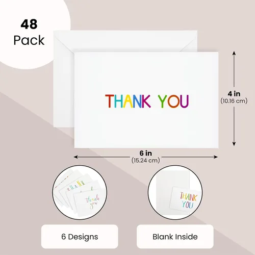 Vista 6 de Juvale Thank You Cards with Envelopes - Bulk Blank Thank You Notes & Cards for Kids & Adults - 6 Assorted Rainbow Designs - White, 48 Pack, 4 x 6 In