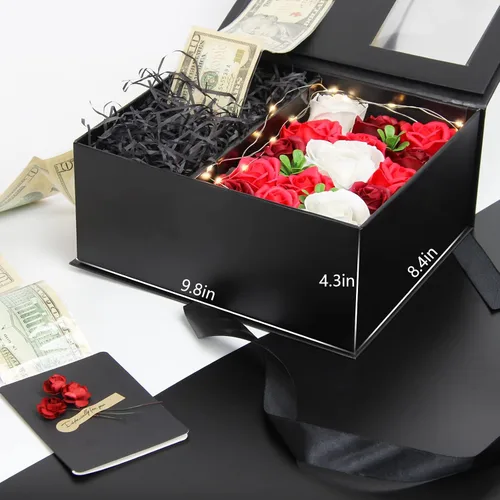 Vista 6 de Caja de dinero para regalo en efectivo - Caja de regalo de flores de lujo con tirador de dinero y tapa con flor y lazo, caja de regalo única