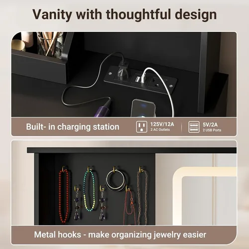 Vista 5 de ELYKEN Tocador de maquillaje con cómoda, escritorio de tocador con estación de carga y espejo iluminado para dormitorio, mesa de tocador