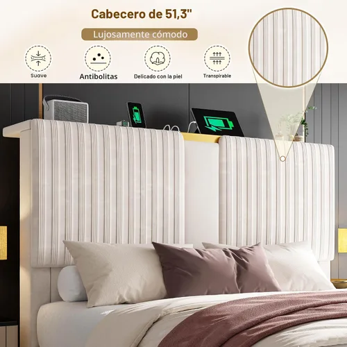 Vista 7 de Homkdom Base de cama Queen con cabecera de almacenamiento de terciopelo de Beige