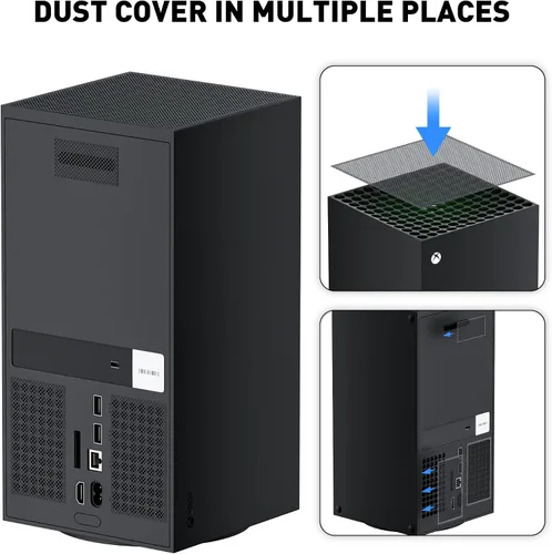 Vista 3 de RHOTALL Cubierta de filtro de polvo para Xbox Series X con filtro de polvo de PVC, tapones antipolvo de silicona para puertos, kit de polvo 13 en 1