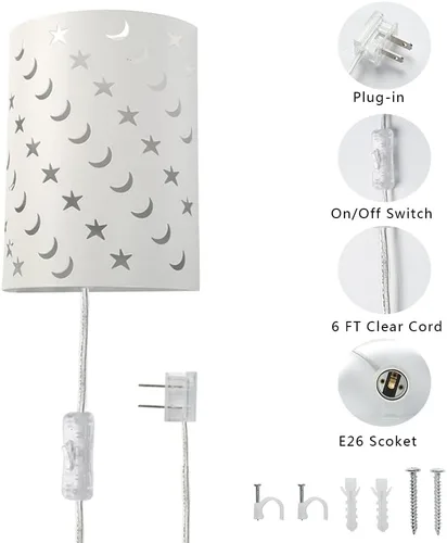 Vista 8 de Aplique de pared enchufable con estrellas y lunas para niños, lámpara de pared para habitación de bebé con interruptor de encendido/apagado de cable